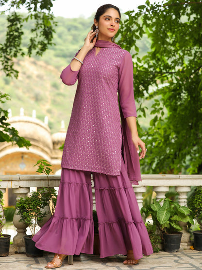Janasya Lavender Georgette Embroidered Kurta,Bottom & Dupatta