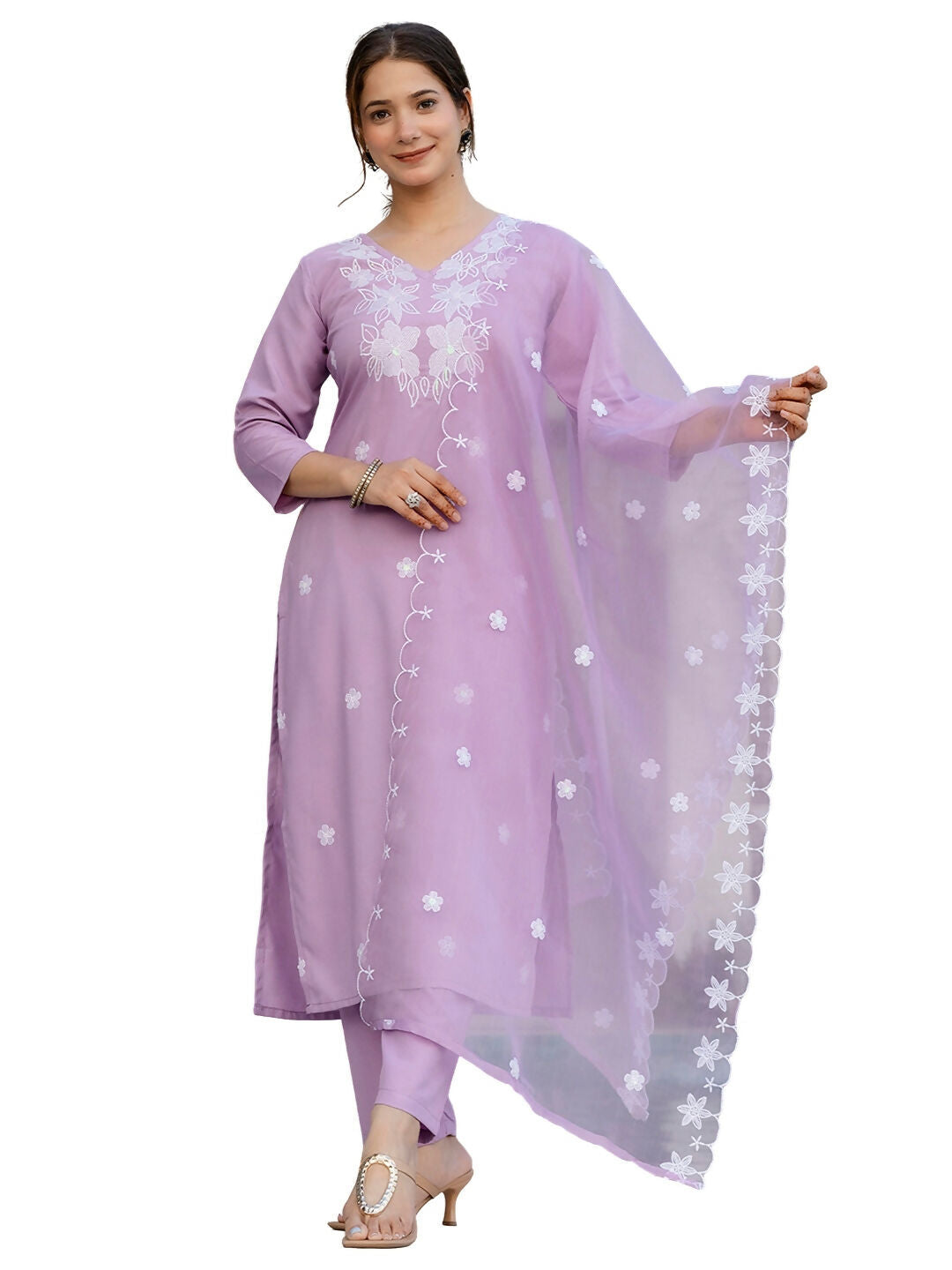 The52 Lavender Women's Beautiful Thread work Rayon Fabric with Straight Kurta, Pant and Dupatta Set