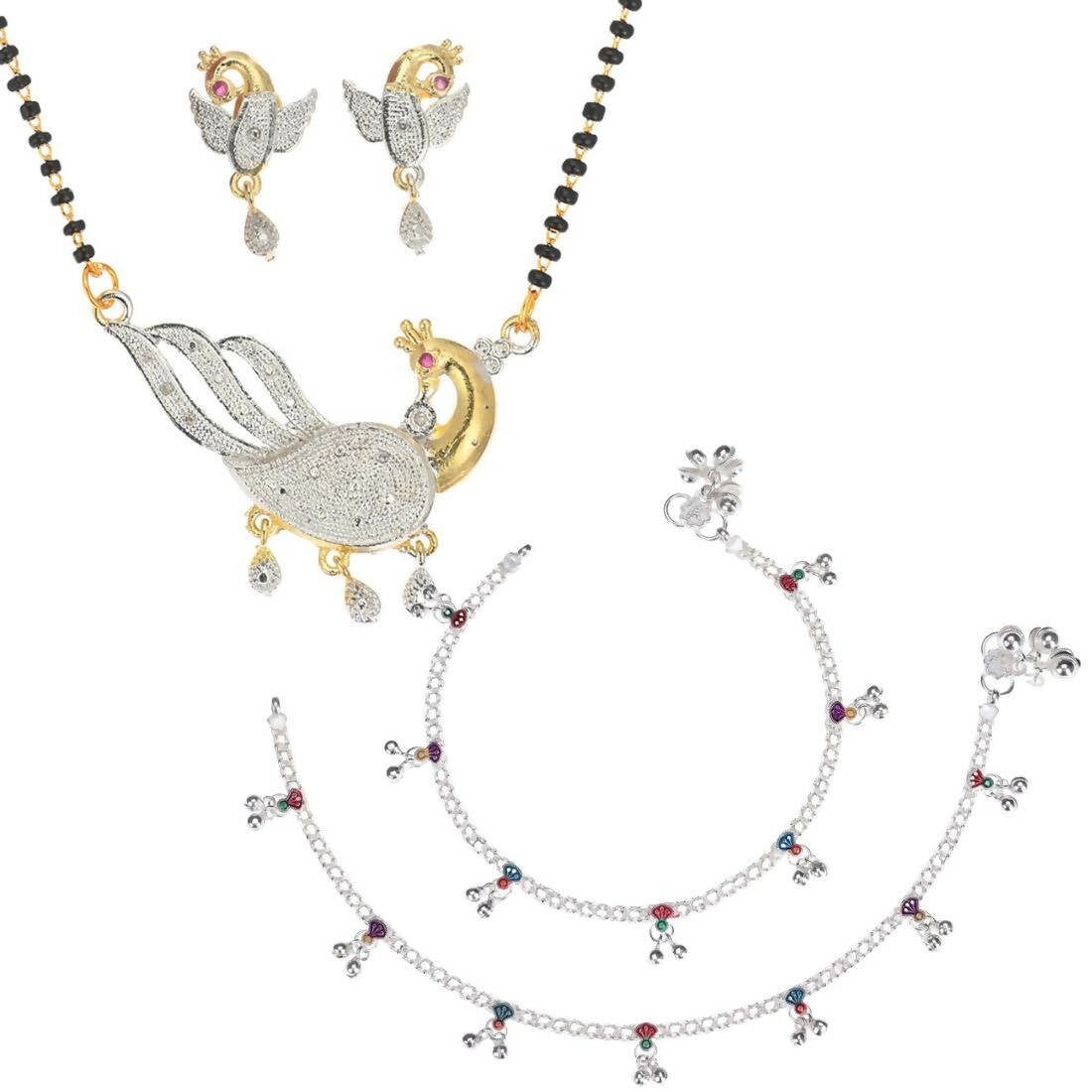 AanyaCentric Gold-Polished Mangalsutra Pendant Earring Set & Silver Plated Anklet
