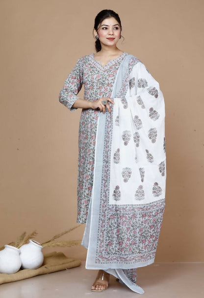 Miravan Women's Blue Gota Patti Cotton Kurta With Palazzo And Dupatta Set