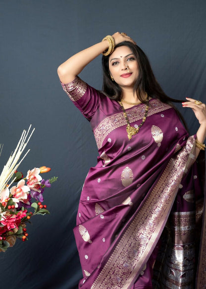 Jyoti Fashion Women's Wine Paithani Silk Zari Woven Saree with Blouse