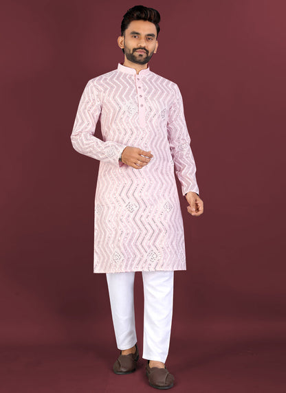 Prazu Fashion Baby Pink Soft Silk Unique Cross Pattern White Thread Embroidery With Silver Sequence Kurta