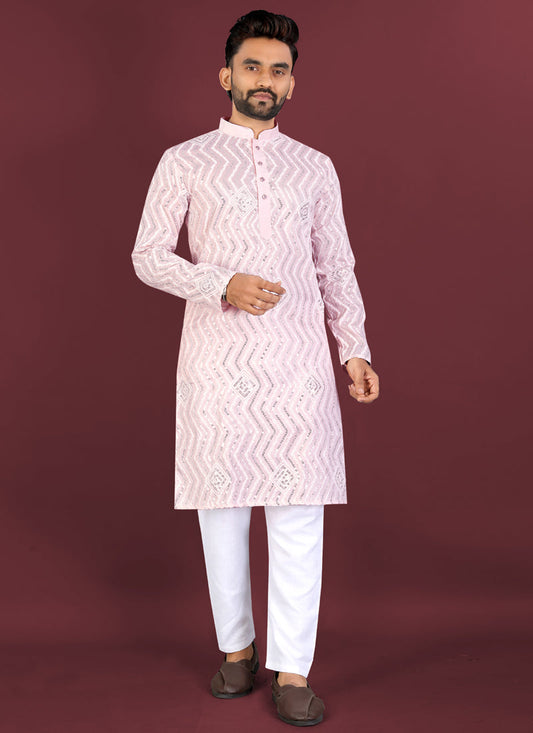 Prazu Fashion Baby Pink Soft Silk Unique Cross Pattern White Thread Embroidery With Silver Sequence Kurta