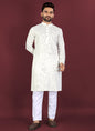Prazu Fashion Off White Soft Silk Unique Cross Pattern White Thread Embroidery With Silver Sequence Kurta