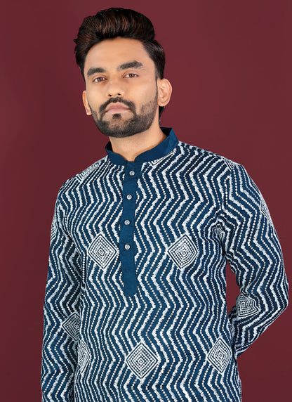 Prazu Fashion Royal Blue Soft Silk Unique Cross Pattern White Thread Embroidery With Silver Sequence Kurta