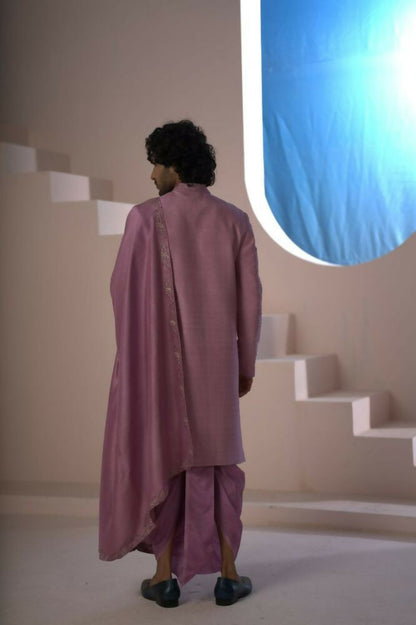 Majestic Orchid Falling Raw Silk Sherwani Set With Intricate Embroidery And Draped Dupatta by Hilo Design