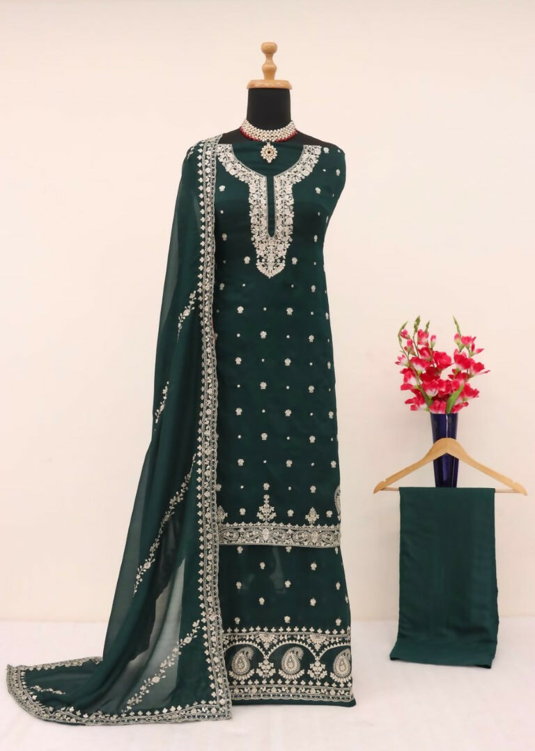 Vastranavya Glamorous Green Chinon Palazzo Suit With Intricate Sequins Embroidery Work with Dupatta