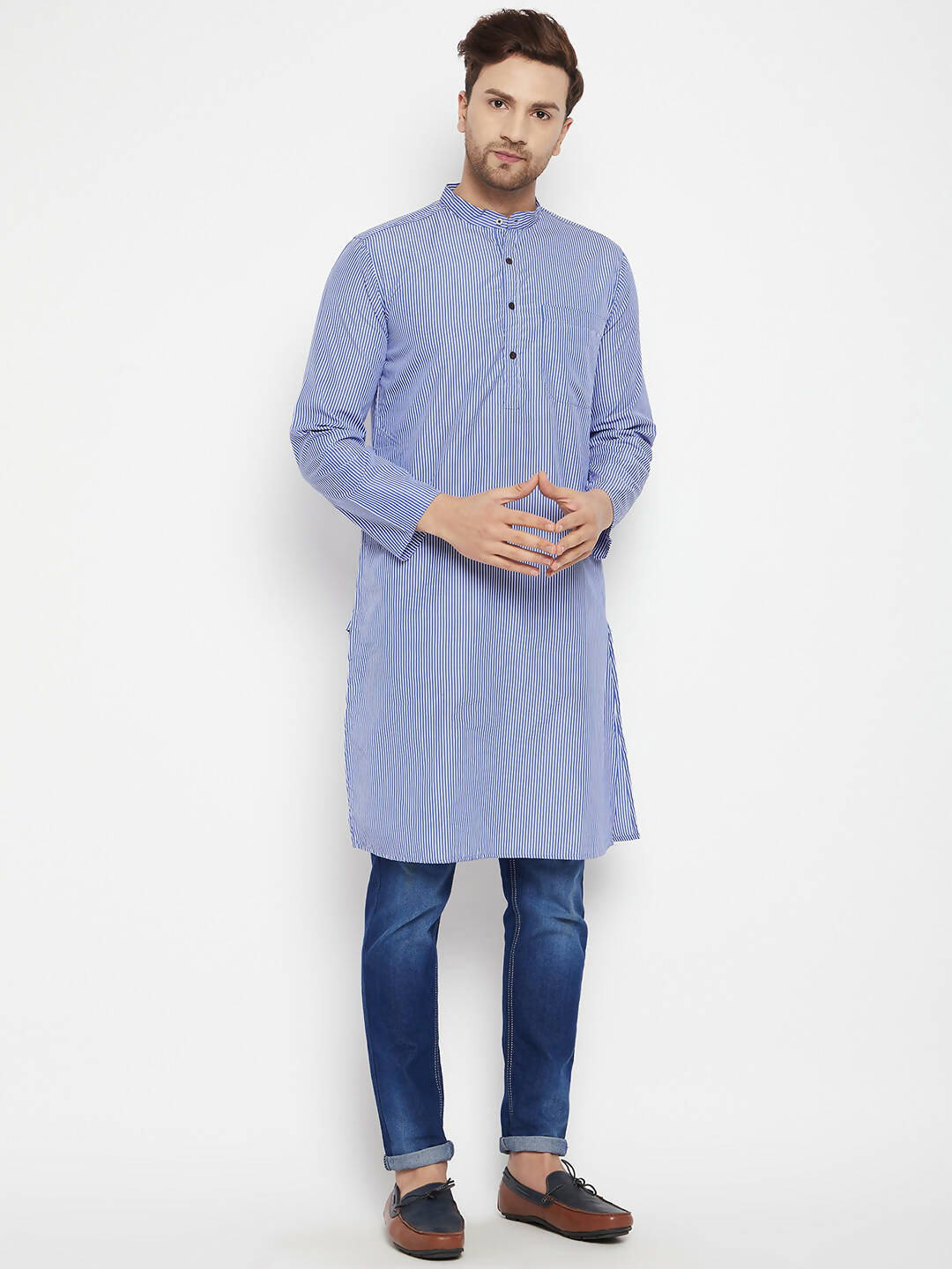 Even Apparels Blue Color Pure Cotton Long Men's Kurta With Band Collar