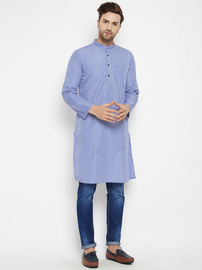 Even Apparels Blue Color Pure Cotton Long Men's Kurta With Band Collar