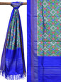 Sea Green and Blue Pochampally Ikat Silk Handloom Dupatta with All Over Design - Global Threads