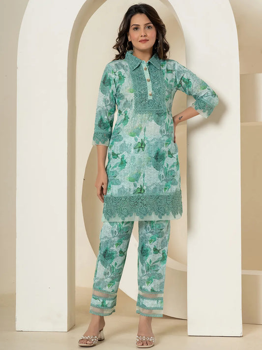 Yufta Sea Green Cotton Schiffli Co-Ord Set With Lace Detailing