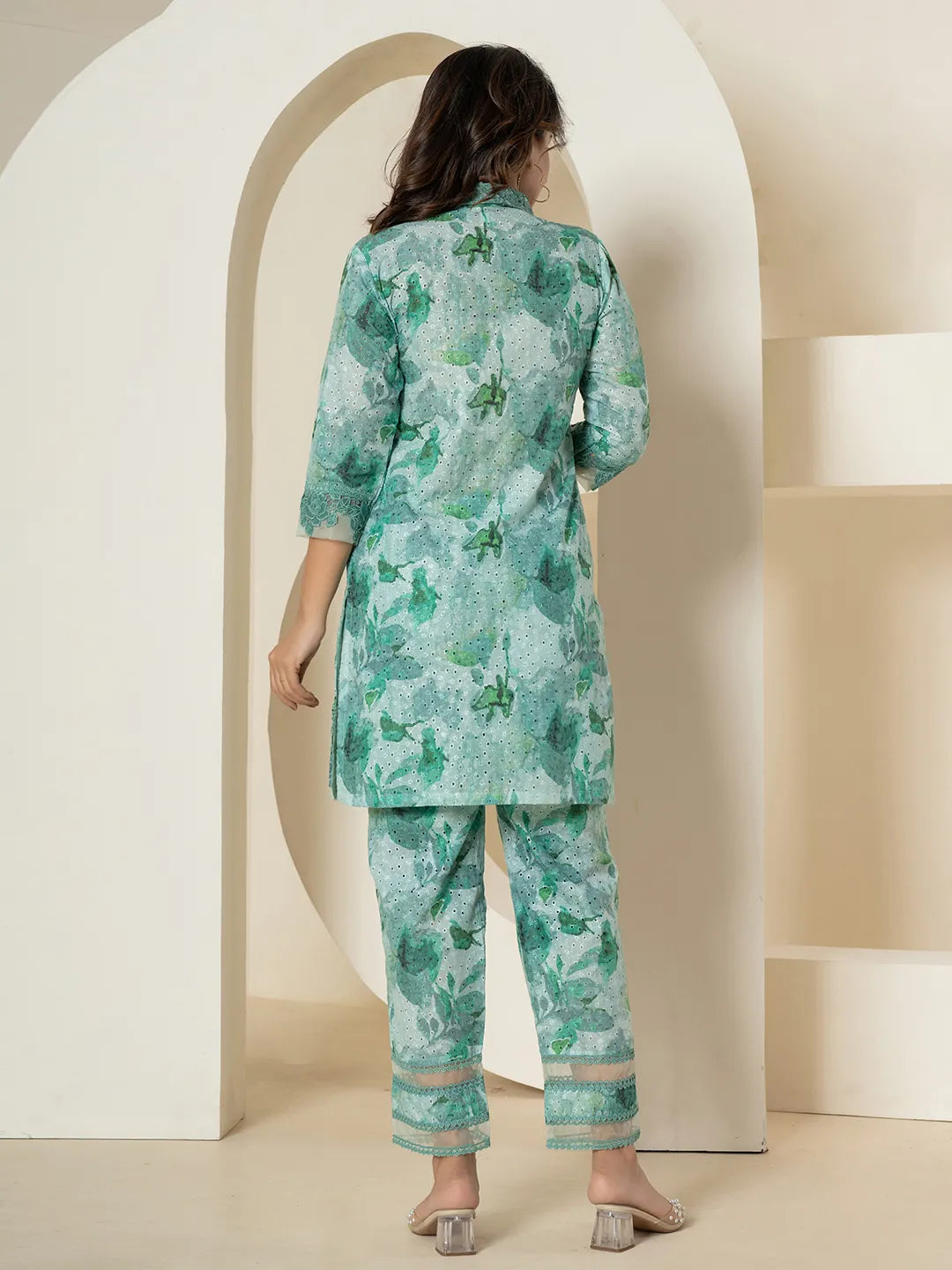 Yufta Sea Green Cotton Schiffli Co-Ord Set With Lace Detailing