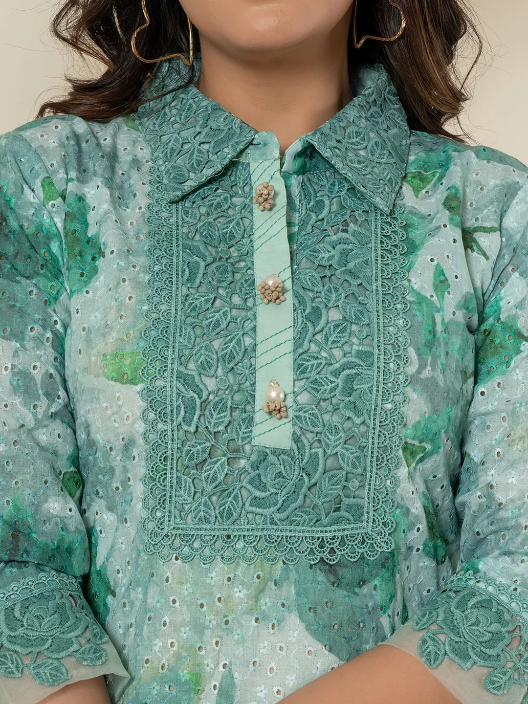Yufta Sea Green Cotton Schiffli Co-Ord Set With Lace Detailing