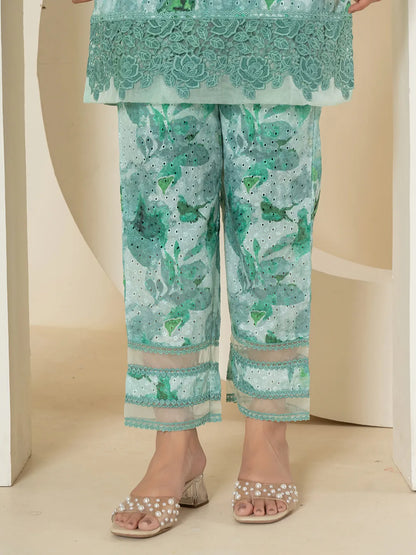 Yufta Sea Green Cotton Schiffli Co-Ord Set With Lace Detailing