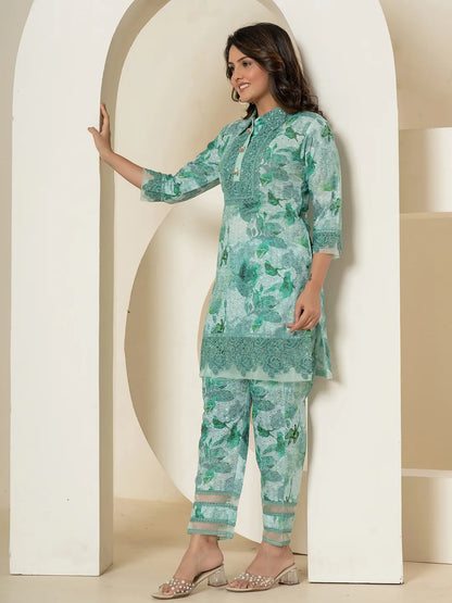 Yufta Sea Green Cotton Schiffli Co-Ord Set With Lace Detailing