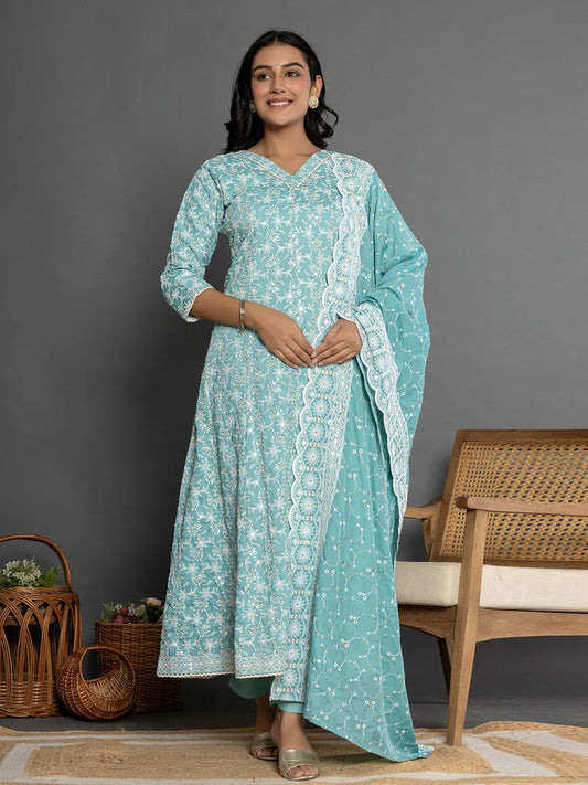 Yufta Sea Green Cotton Silk Embroidered Anarkali Kurta Dupatta Set