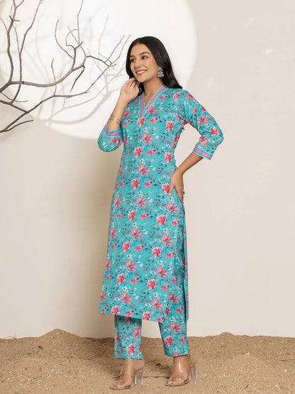 Yufta Sea Green Sequins_Work Cotton Straight Kurta & Trousers Set