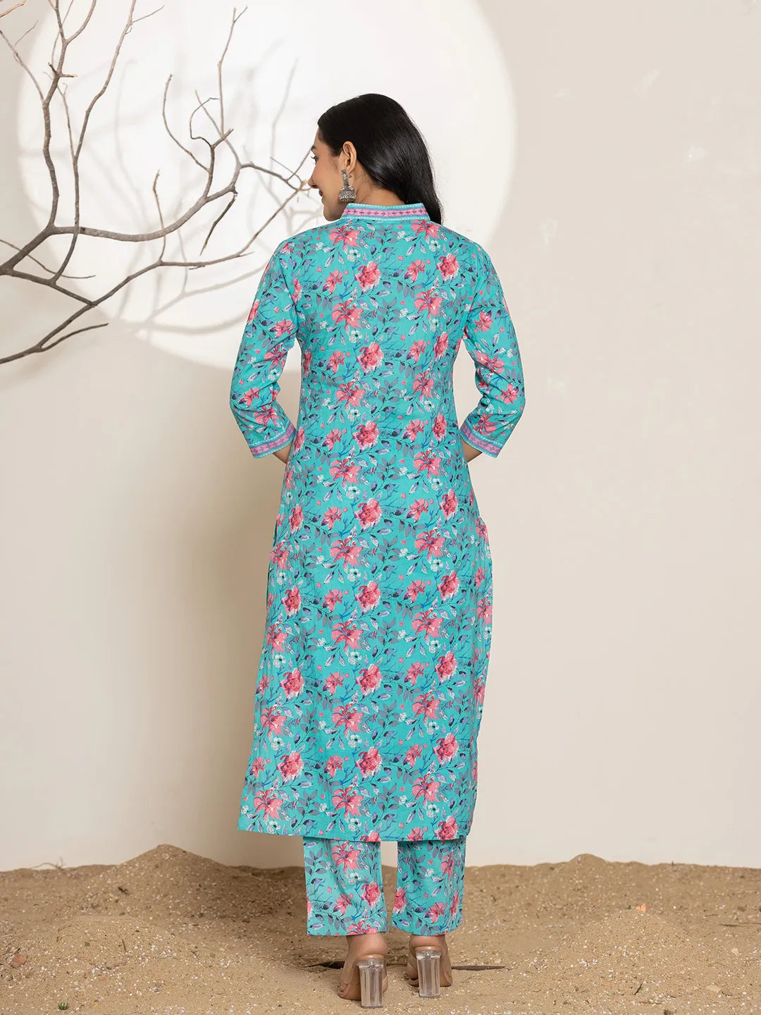 Yufta Sea Green Sequins_Work Cotton Straight Kurta & Trousers Set