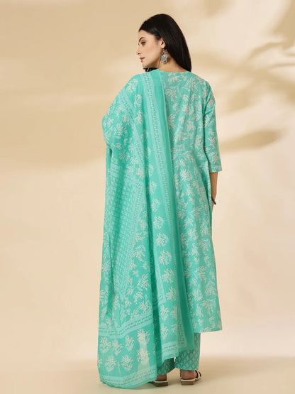 Yufta Sea Green Pure Cotton Anarkali Dupatta Pant Set