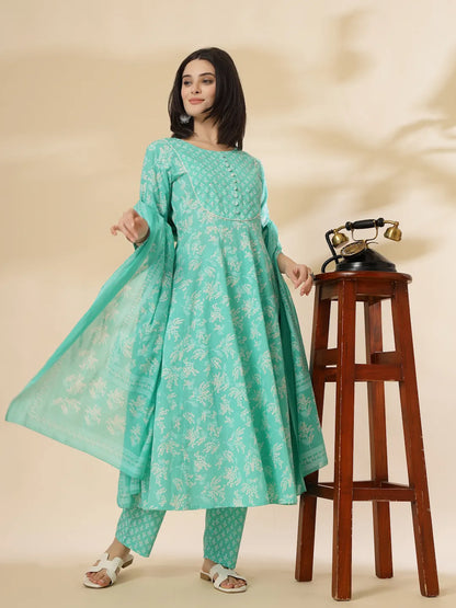 Yufta Sea Green Pure Cotton Anarkali Dupatta Pant Set