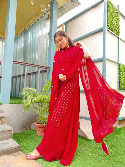 Partywear Designer Red Georgette Palazzo Suit - Anbazaar