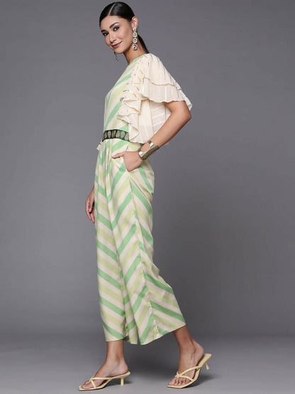 Ahalyaa Off White & Green Zig Zag Print Basic Jumpsuit