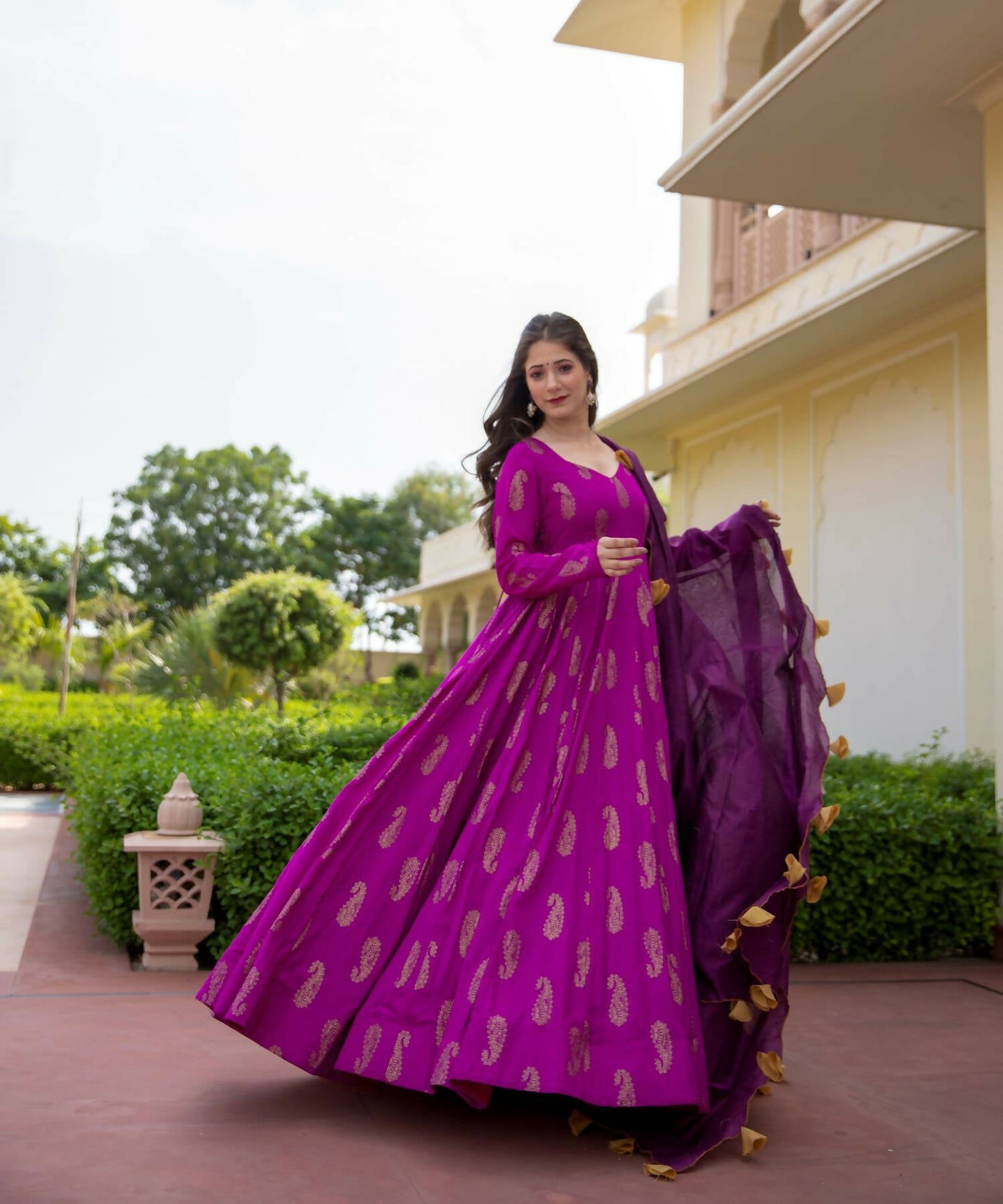 Purple Pure Reyon Gold Foil Work Stitched Suit With Dupatta - Anbazaar