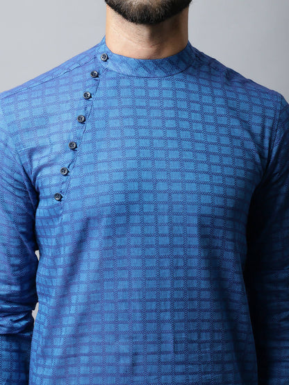 Even Apparels Blue Color Pure Cotton Men's Kurta With Band Collar (CHK1198)