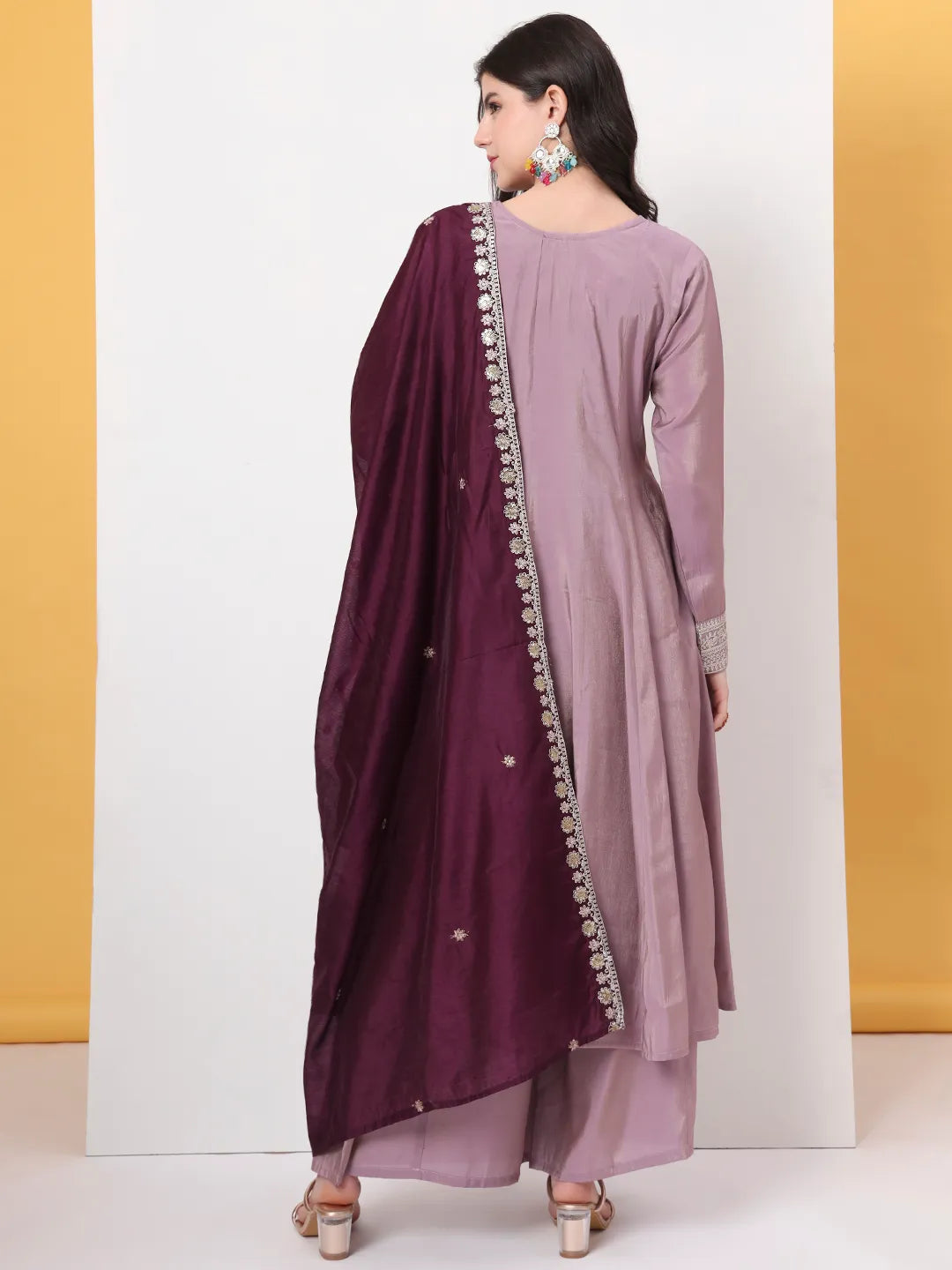 Yufta Silk Purple Anarkali Kurta Dupatta Palazzo Set