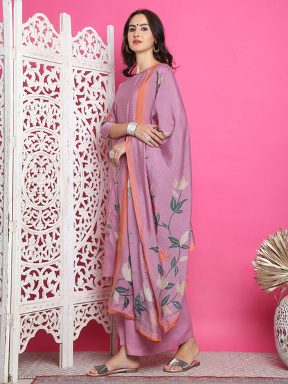 Jyoti Fashion Women's Purple Muslin Floral Print with Jari & Crystal work Kurta with Trouser & Dupatta