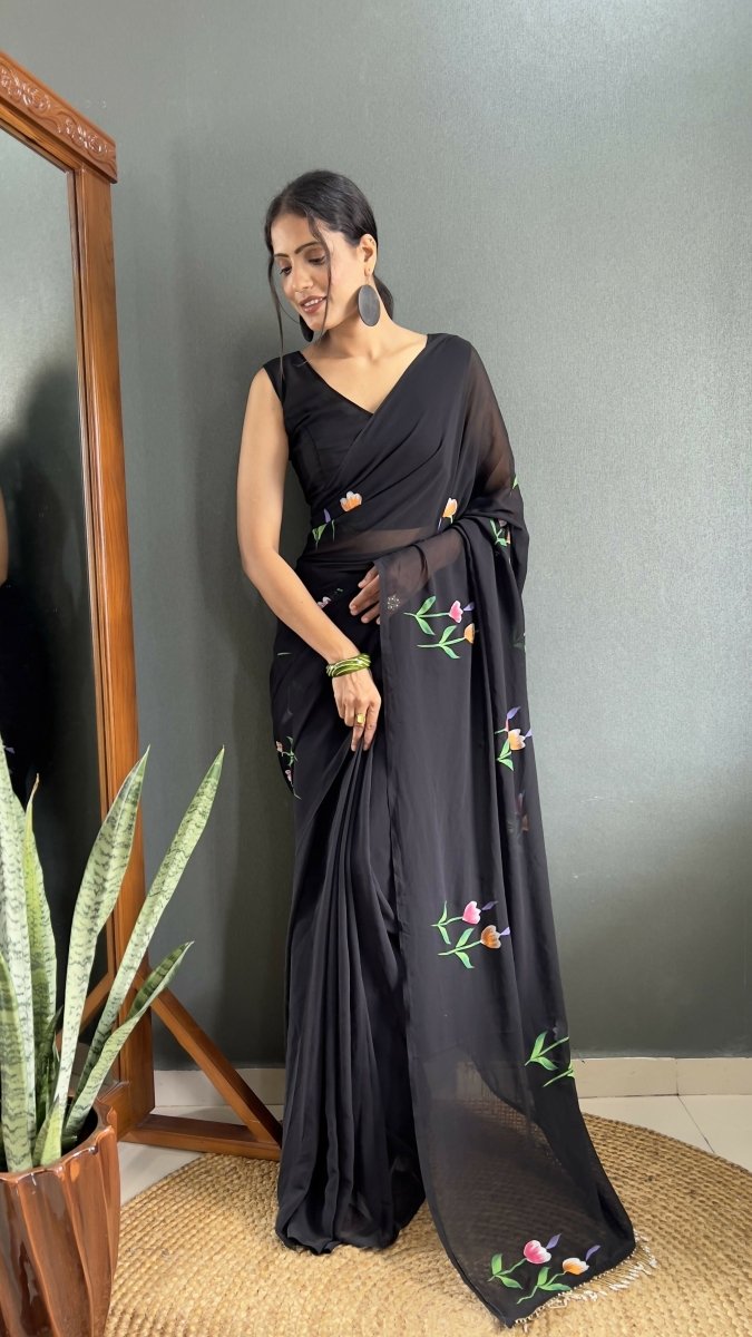 Aayaa Designer 1 min Hand Painted Ready to Wear saree - Black
