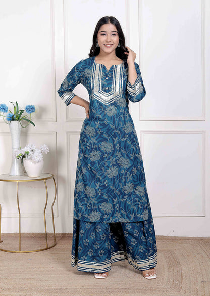 Miravan Women's Cotton Floral Printed V-Neck Kurta with Flared Palazzo