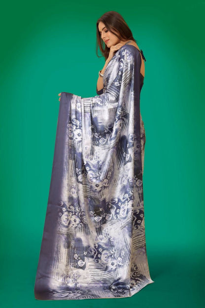 Aayaa Designer Printed Satin Saree - Multi Color