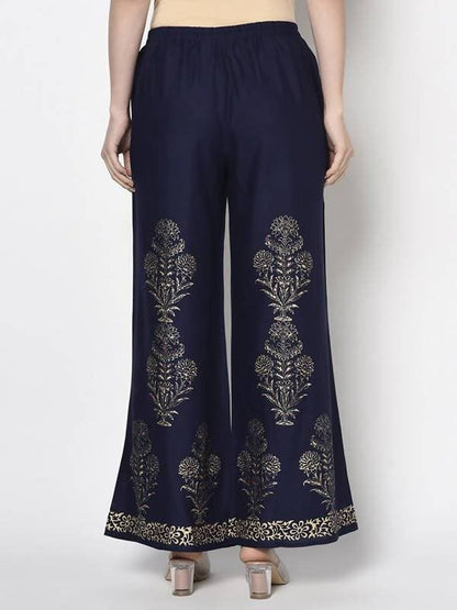 Aniyah Rayon Navy Blue Color Gold Print Flared Slip-On Palazzo (AN-193K)