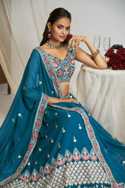 Teal Blue Georgette Thread Sequence Embroidery Work Lehnga Choli - Jihu Culture