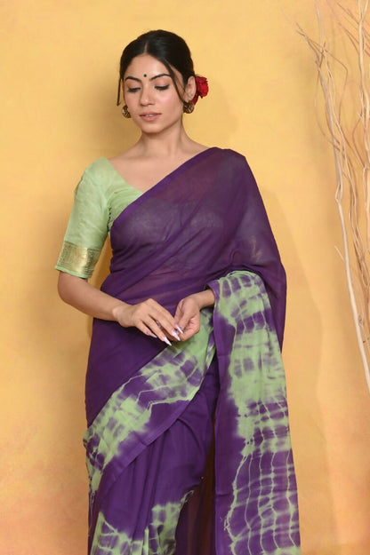 Very Much Indian Tie & Dye Handloom Mul Cotton Saree - Blue Green