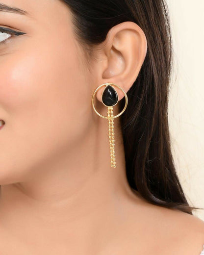 VOJ One Gram Gold-Polished Drop Shaped Black Stone Studded Earrings