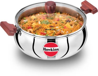 Hawkins TriPly Stainless Steel Cook n Serve Handi with Glass Lid 5 L (SSH50G)