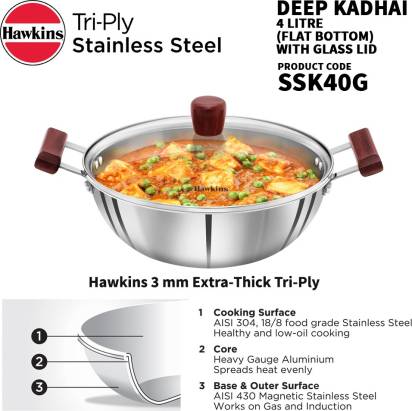 Hawkins Triply Stainless Steel Kadhai 28 cm Diameter with Lid 4 L (SSK40G)