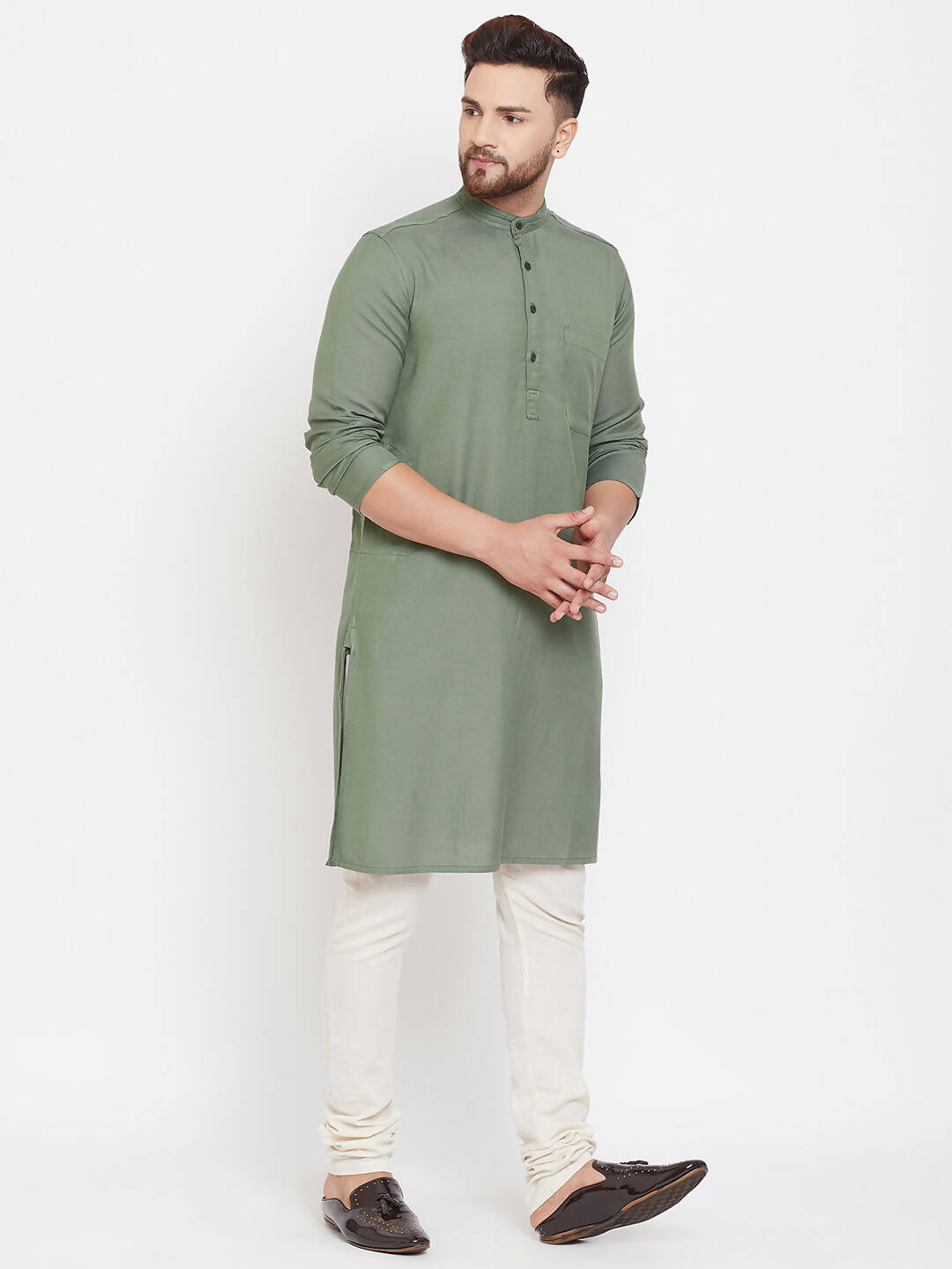 Even Apparels Green Color Linen Linen Men's Kurta With Band Collar