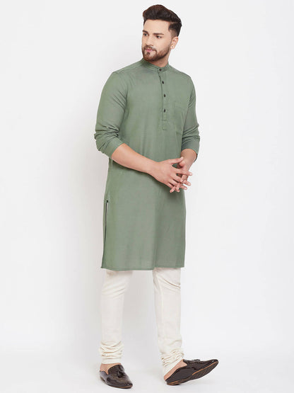 Even Apparels Green Color Linen Linen Men's Kurta With Band Collar
