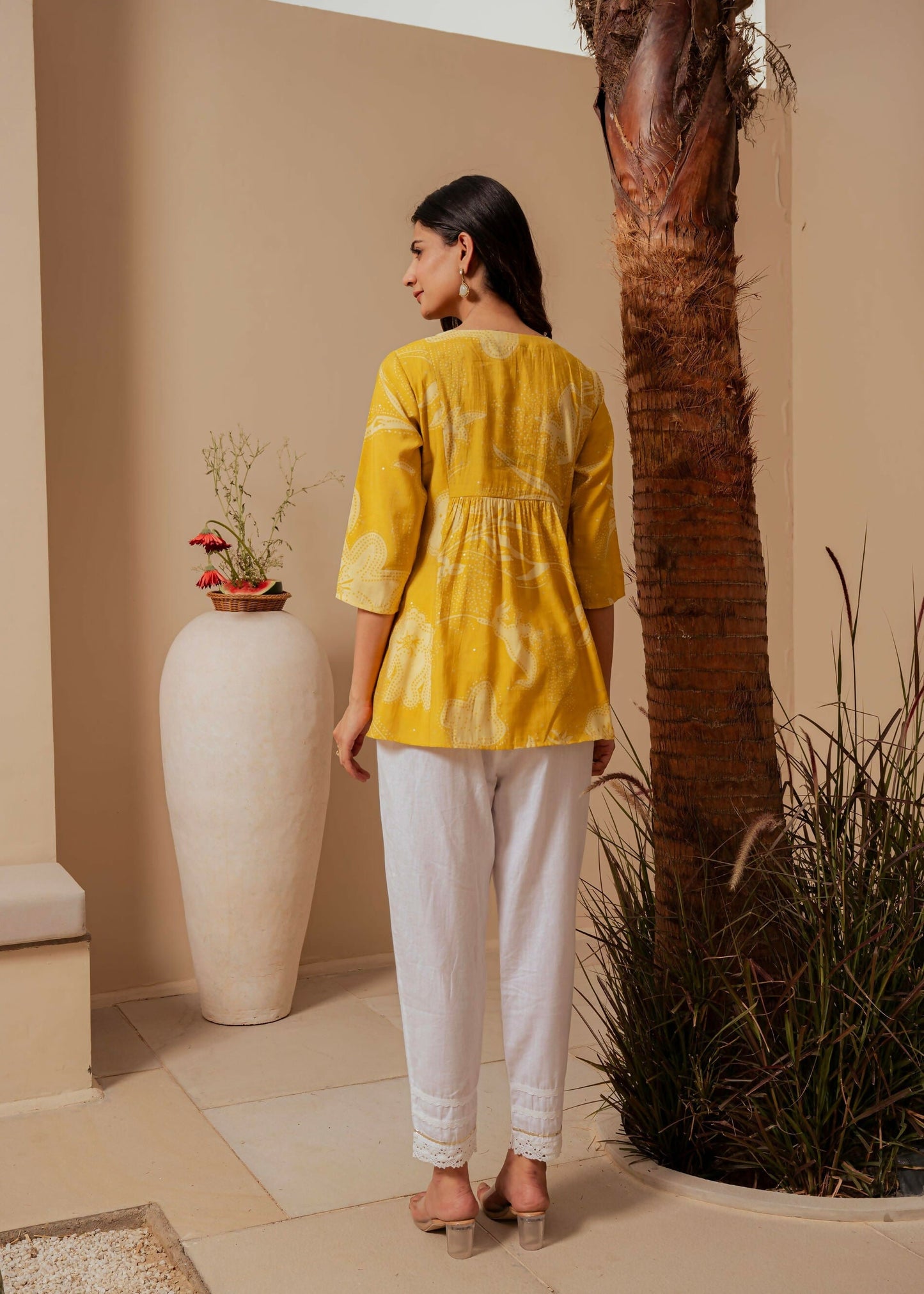 Juniper Mustard Ethnic Motifs Viscose Tunic With Thread Work And Mirror Detailing