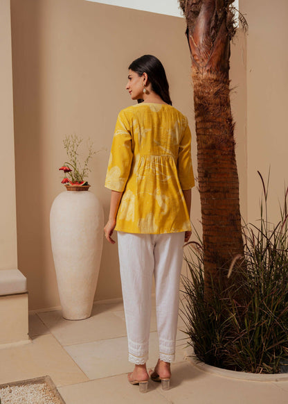 Juniper Mustard Ethnic Motifs Viscose Tunic With Thread Work And Mirror Detailing