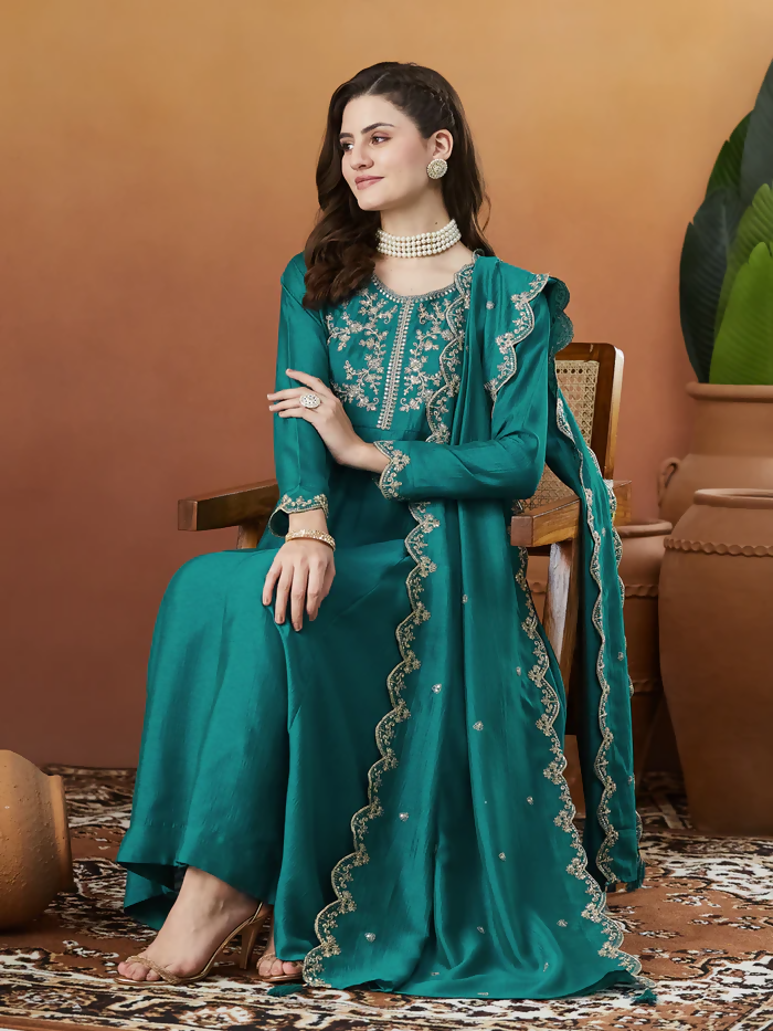 The52 Rama Women's Beautiful Vichitra Silk Fabric Embroidered Work Flared Anarkali Pant and Dupatta Set