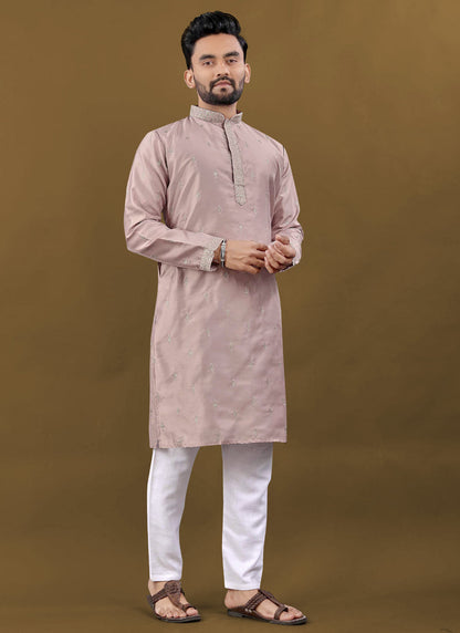 Prazu Fashion Blush Pink Matka Silk All Over Silver Jari With Embroidery Buti Designer Kurta For Men's