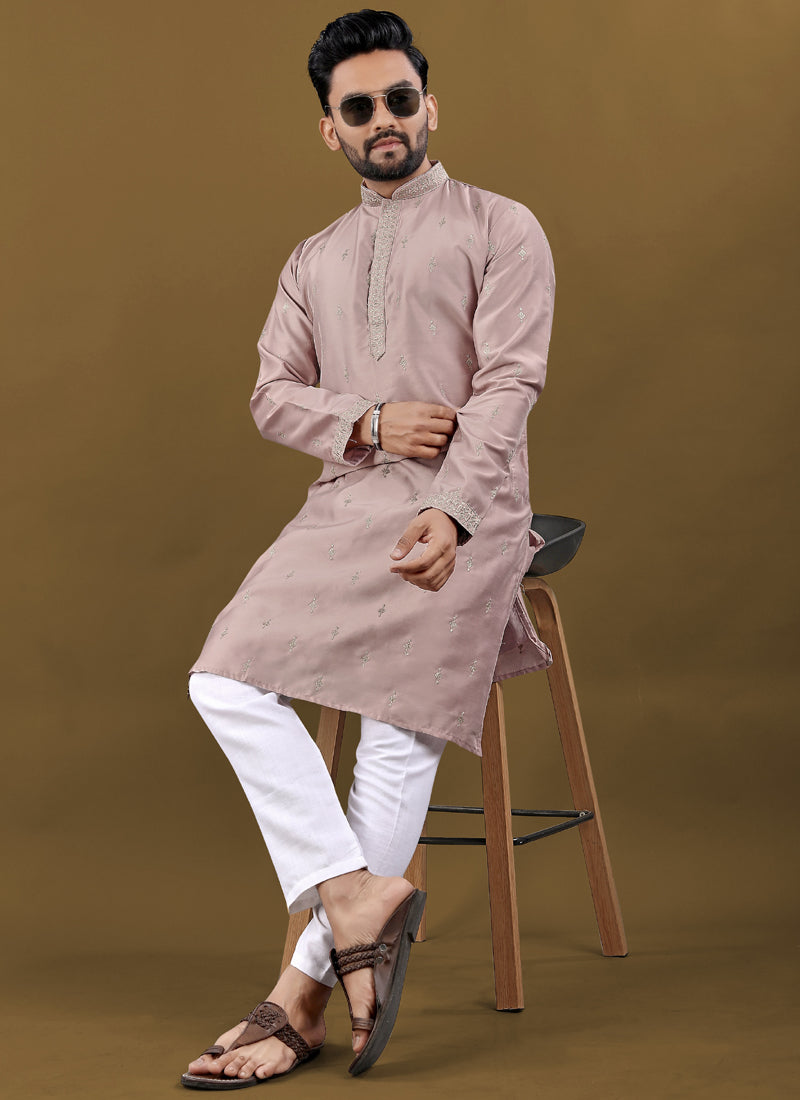Prazu Fashion Blush Pink Matka Silk All Over Silver Jari With Embroidery Buti Designer Kurta For Men's