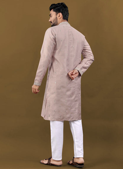Prazu Fashion Blush Pink Matka Silk All Over Silver Jari With Embroidery Buti Designer Kurta For Men's