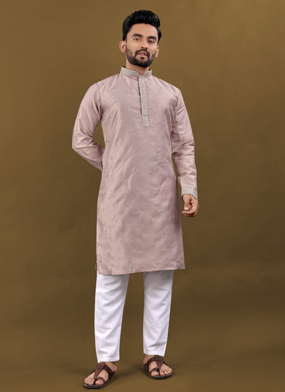 Prazu Fashion Blush Pink Matka Silk All Over Silver Jari With Embroidery Buti Designer Kurta For Men's