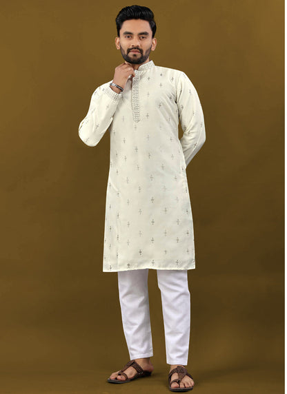 Prazu Fashion Off White Matka Silk All Over Silver Jari With Embroidery Buti Designer Kurta For Men's
