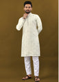 Prazu Fashion Off White Matka Silk All Over Silver Jari With Embroidery Buti Designer Kurta For Men's